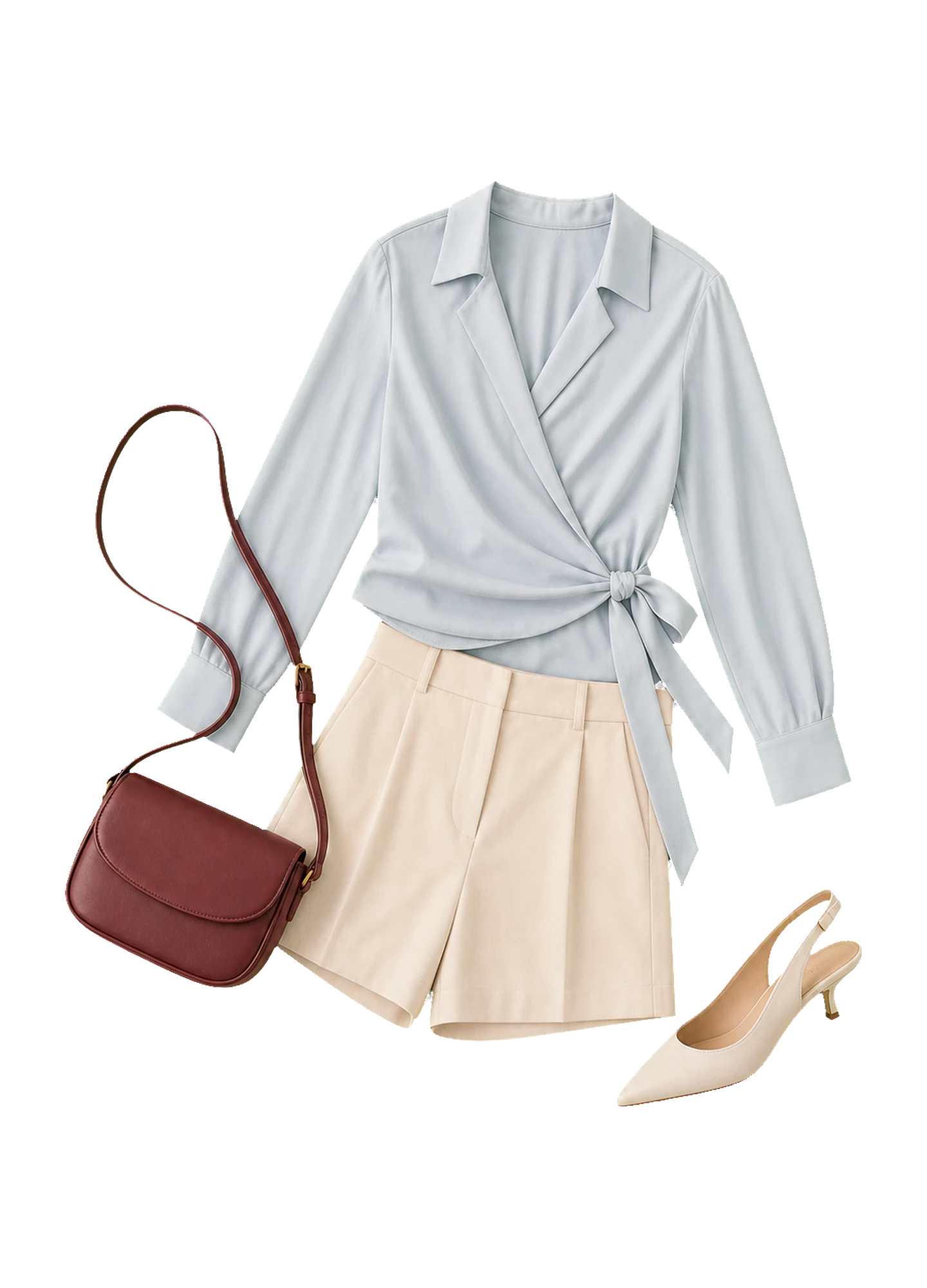 Powder-blue wrap blouse, tailored ivory shorts, burgundy crossbody bag, and ivory pumps.